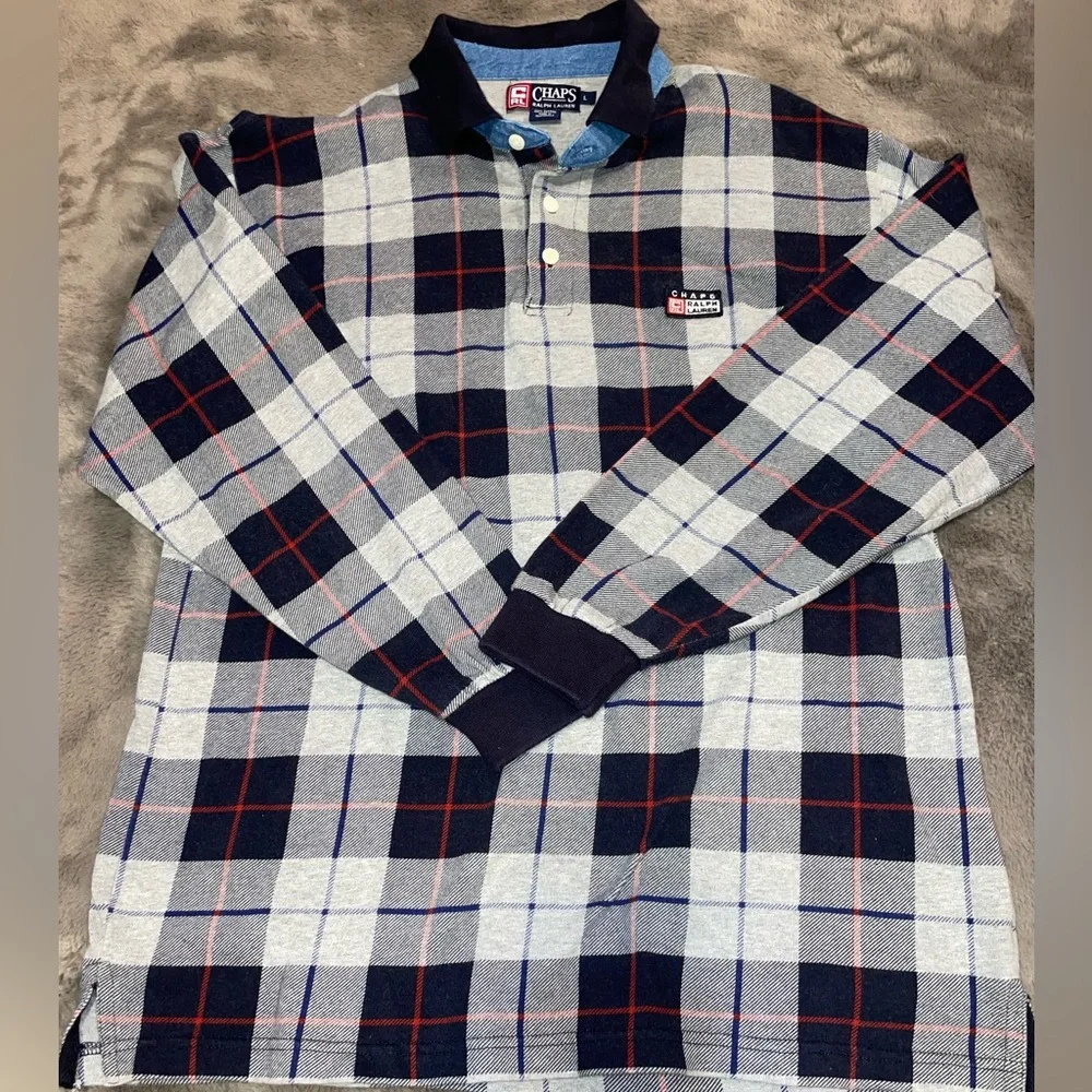 Chaps Ralph Lauren long sleeve checkered polo size L, blue/gray/red - Picture 4 of 9